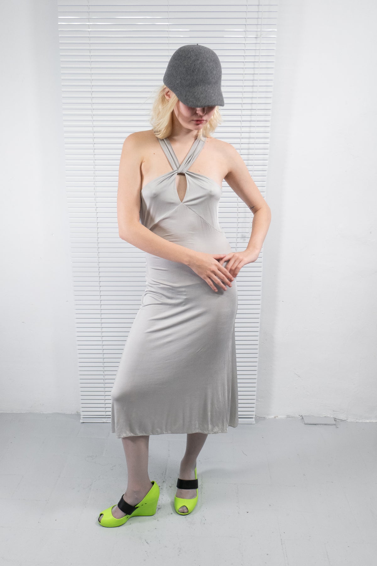 SILVER DRAPED HALTER MIDI DRESS