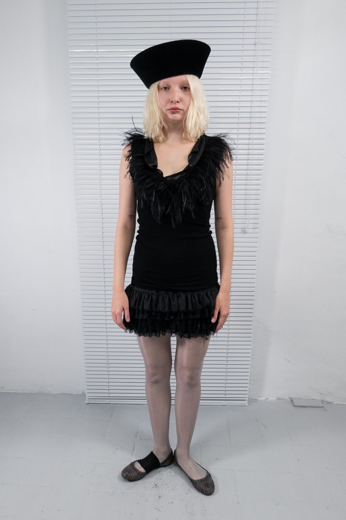 BLACK FEATHER TRIM RUFFLED MINI DRESS