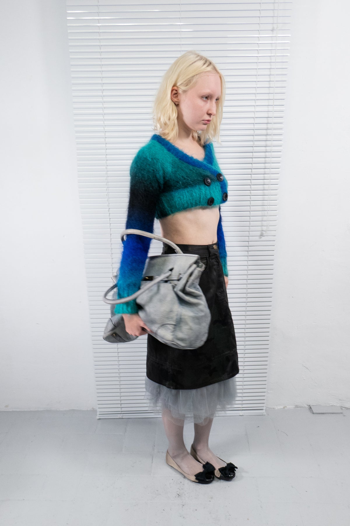 BLUE AND TURQUOISE MOHAIR CROPPED CARDIGAN